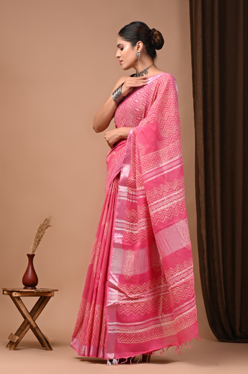 Hand Block Printed Linen Saree with Blouse